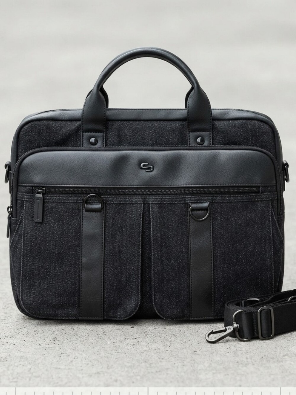 ​Solo New York Laptop Briefcase Messenger Bag Black Denim Faux Leather Business